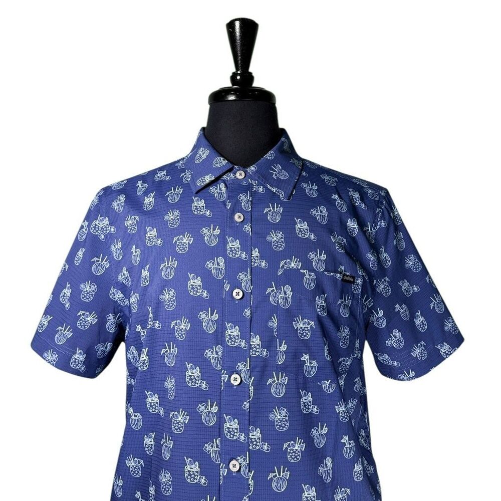 Chubbies Mens Blue Stretch Button Up Shirt Medium Short Sleeve Tropical Cocktail - Picture 4 of 9